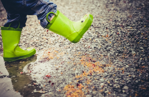 Rain boots going through a puddle