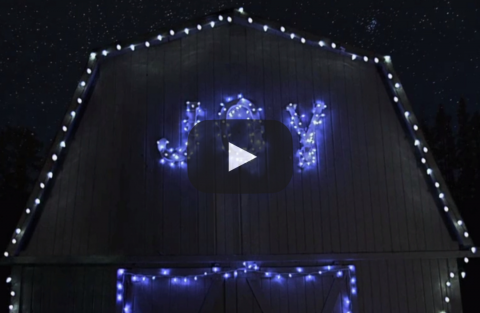 Front of barn with Christmas lights
